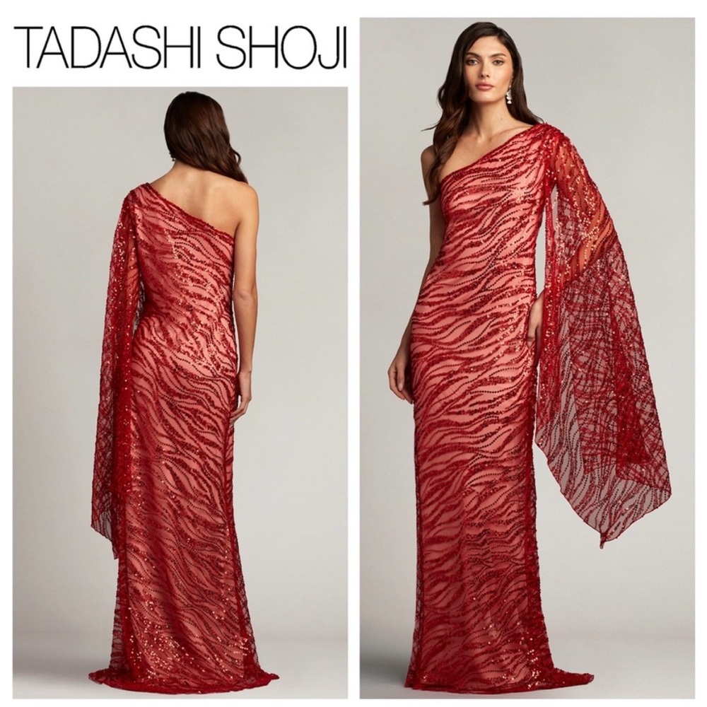 Tadashi Shoji Red One-Shoulder Esperanza Gown